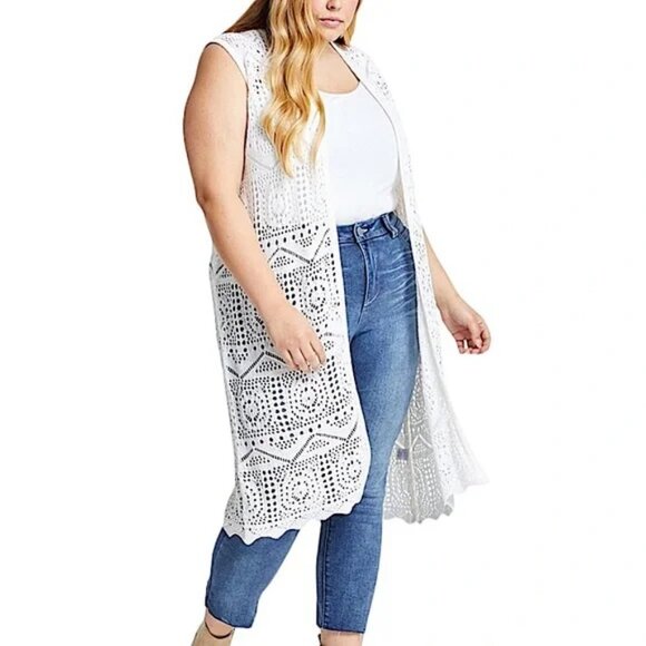 Chelsea & Theodore Crochet Knit Cardigan White Open Front Duster Womens Large - Picture 12 of 12